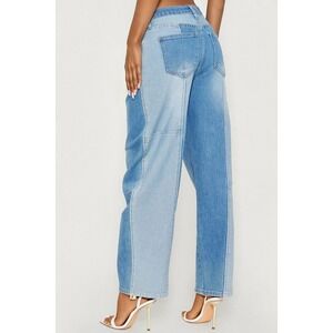 fashion nova valencia two‎ tone blue barrel leg patchwork jeans